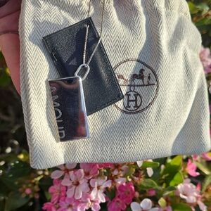 Sterling Silver Necklace with HERMES Leather Amour Pendant
